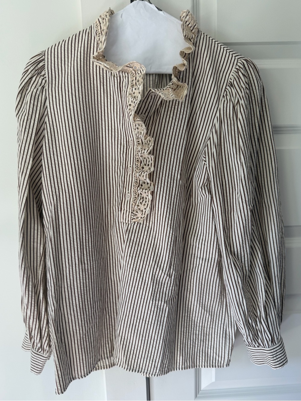 entro Ivory Blouse with Black Pinstripes and Lace Trim